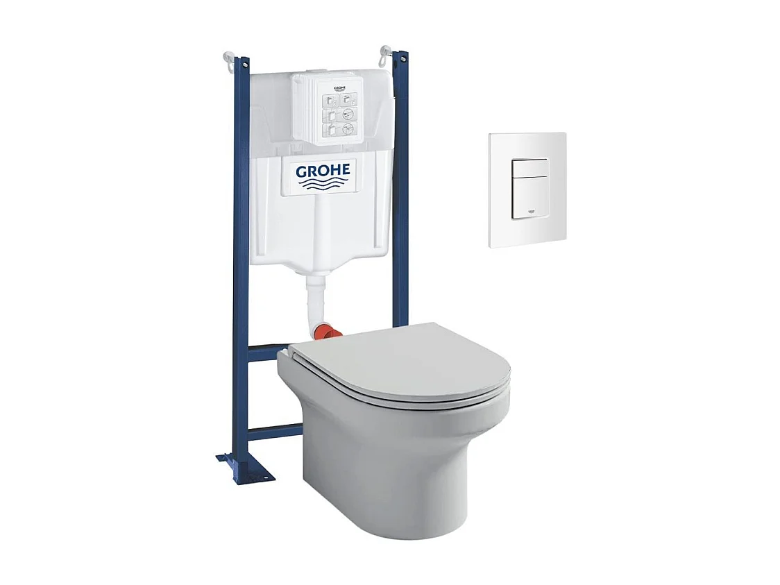 Pack WC suspendu sans bride + abattant + Bâti support + Even Plaque de commande WC carré blanc