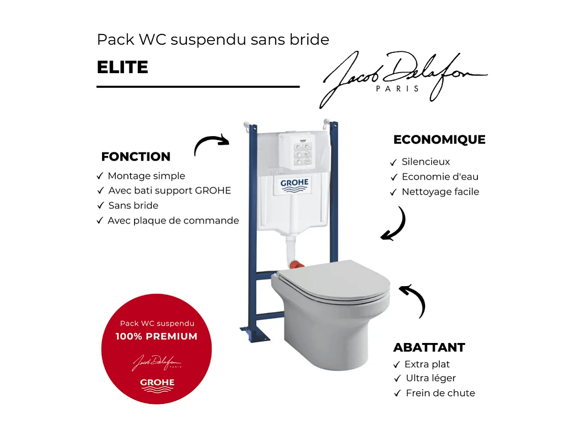 Pack WC suspendu sans bride + abattant + Bâti support + Even Plaque de commande WC carré blanc