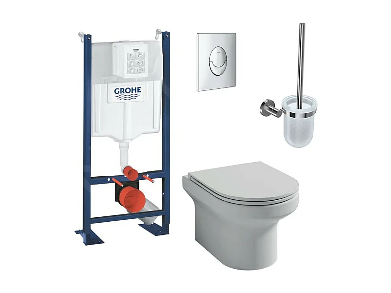 Pack WC suspendu sans bride Jacob Delafon  Elite abattant extraplat + Bâti support Grohe RapidSL + plaque chromé + Porte-balai