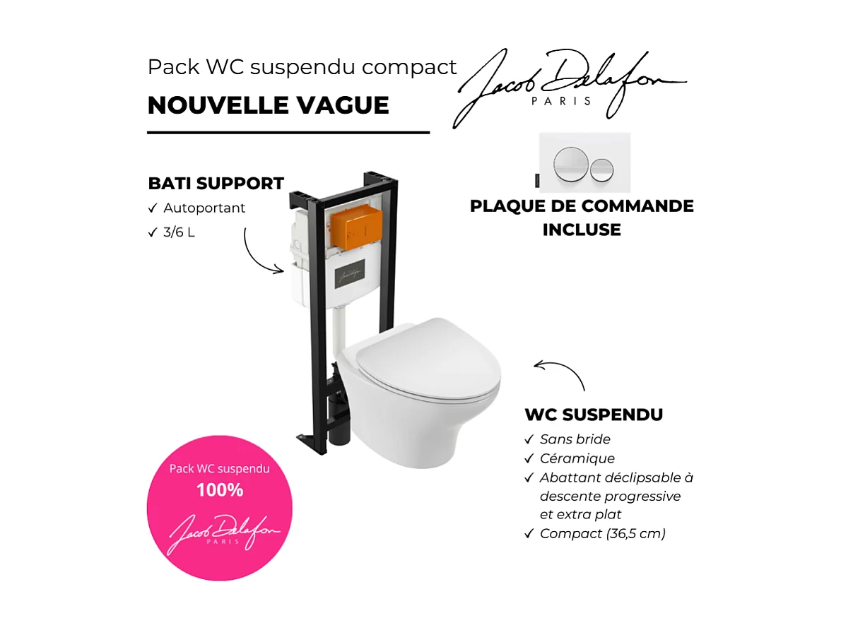 Pack WC suspendu sans bride compact JACOB DELAFON Nouvelle vague+ bâti-support + plaque Blanc brillant/Blanc mat