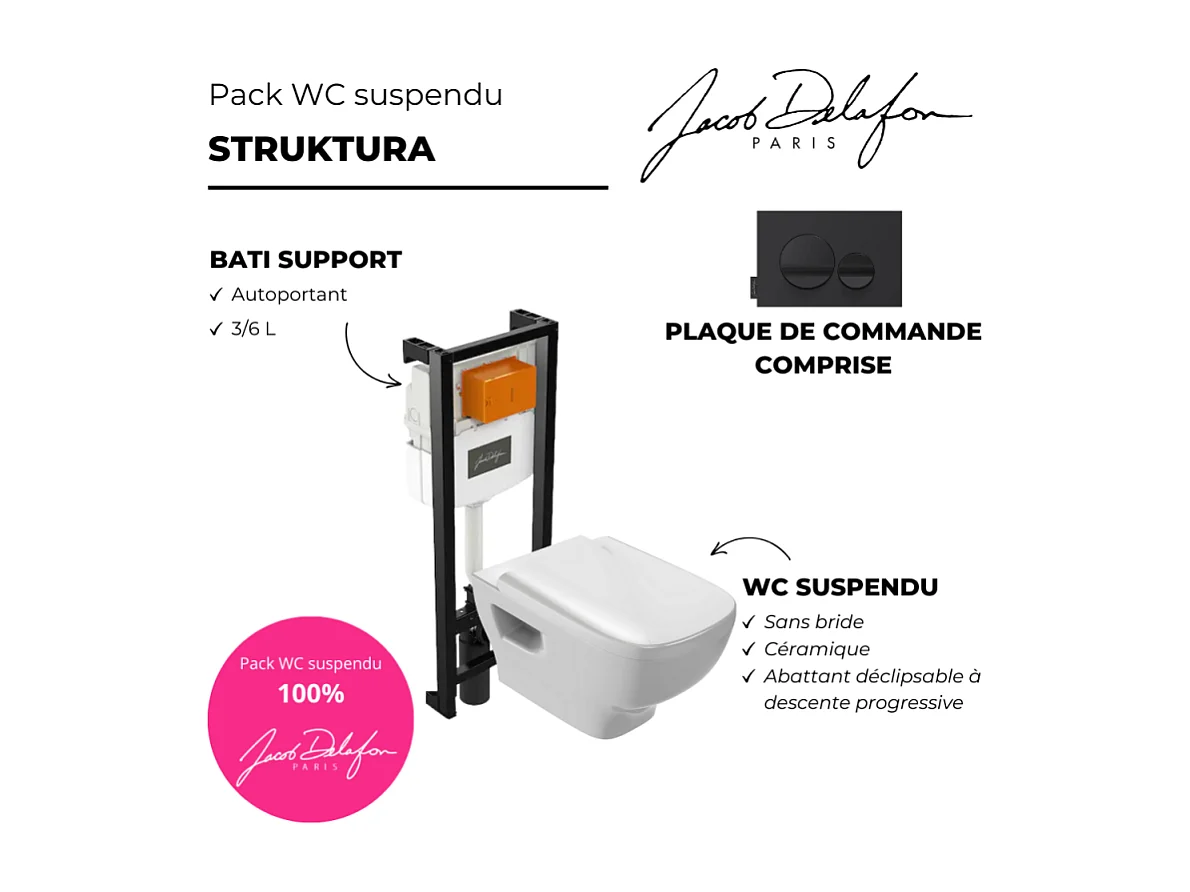 Pack WC suspendu sans bride JACOB DELAFON Struktura+ bâti-support + plaque Noir brillant/Noir mat
