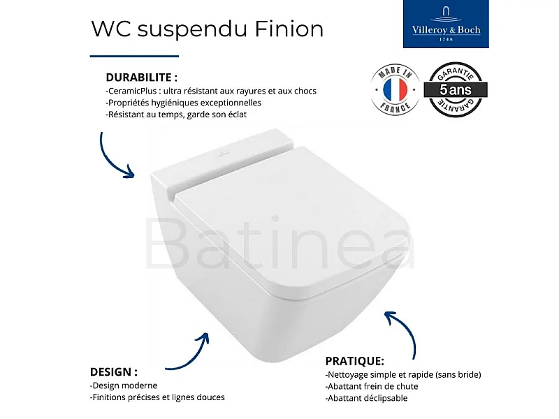 WC suspendu sans bride VILLEROY ET BOCH Finion avec abattant