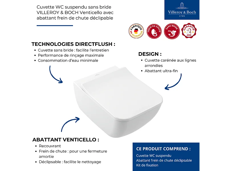 Cuvette WC suspendu sans bride VILLEROY & BOCH Venticello avec abattant frein de chute déclipable
