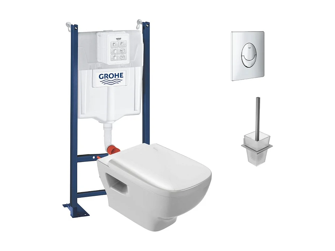Pack WC suspendu sans bride JACOB DELAFON Struktura + Bati-support GROHE + plaque Start chrome + porte-balai carré