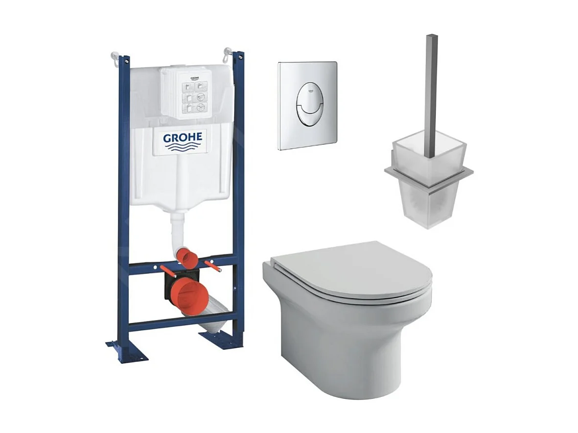 Pack WC suspendu sans bride Jacob Delafon  Elite abattant + Bâti support Grohe RapidSL + plaque chromé + Porte-balai carré
