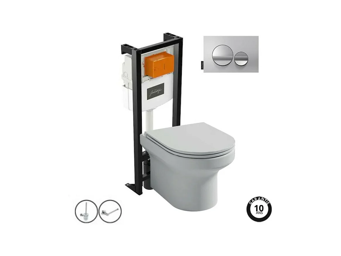 Pack WC suspendu sans bride  JACOB DELAFON Elite + bâti-support + plaque Chrome brillant/Chrome mat + accessoires