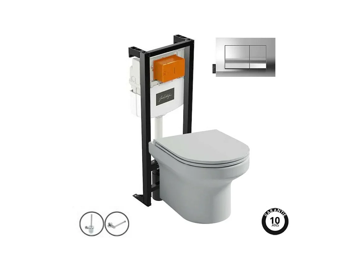 Pack WC suspendu sans bride  JACOB DELAFON Elite + bâti-support + plaque Chrome + accessoires