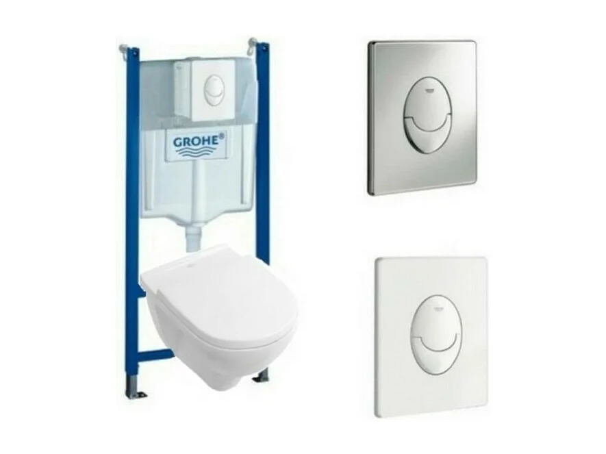 Pack WC suspendu sans bride VILLEROY ET BOCH O.novo + abattant + plaque blanche + bâti Grohe