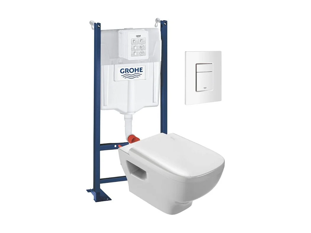 WC suspendu sans bride Jacob Delafon Struktura + abattant + Bâti support + Even Plaque de commande WC carré blanc