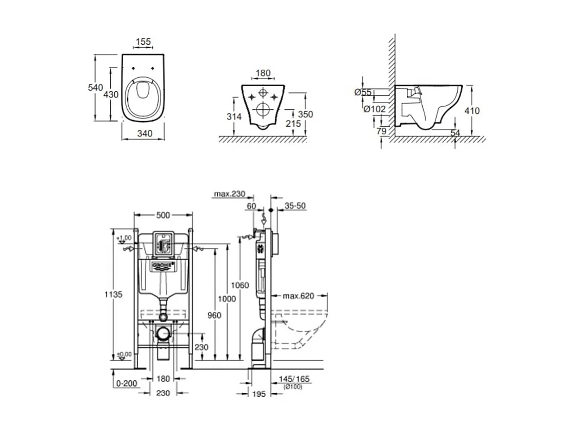 WC suspendu sans bride Jacob Delafon Struktura + abattant + Bâti support + Even Plaque de commande WC carré blanc