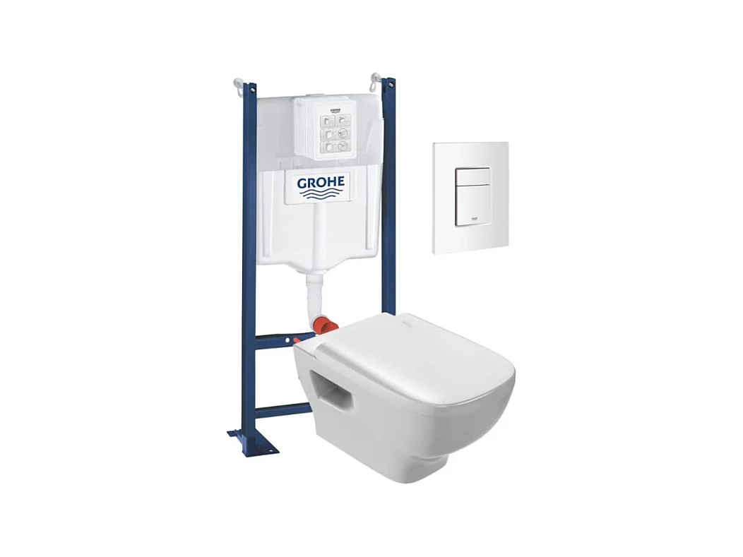 WC suspendu sans bride Jacob Delafon Struktura + abattant + Bâti support + Even Plaque de commande WC carré blanc