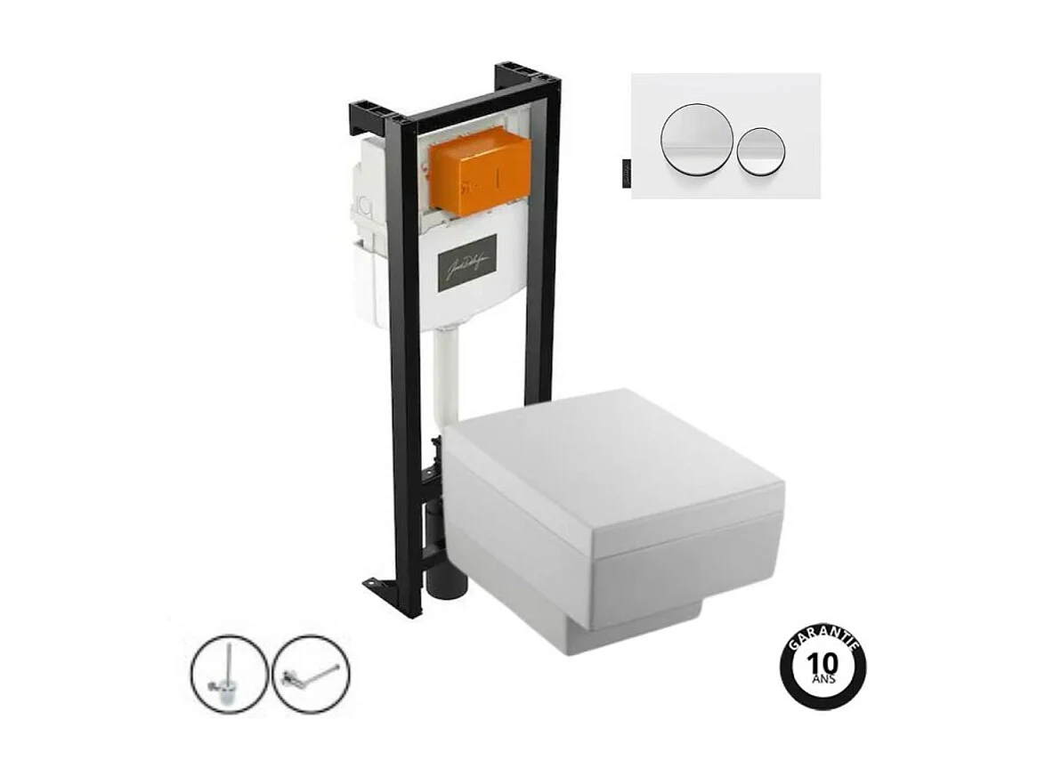 Pack WC suspendu JACOB DELAFON Terrace+ bâti-support + plaque Blanc brillant/Blanc mat + accessoires
