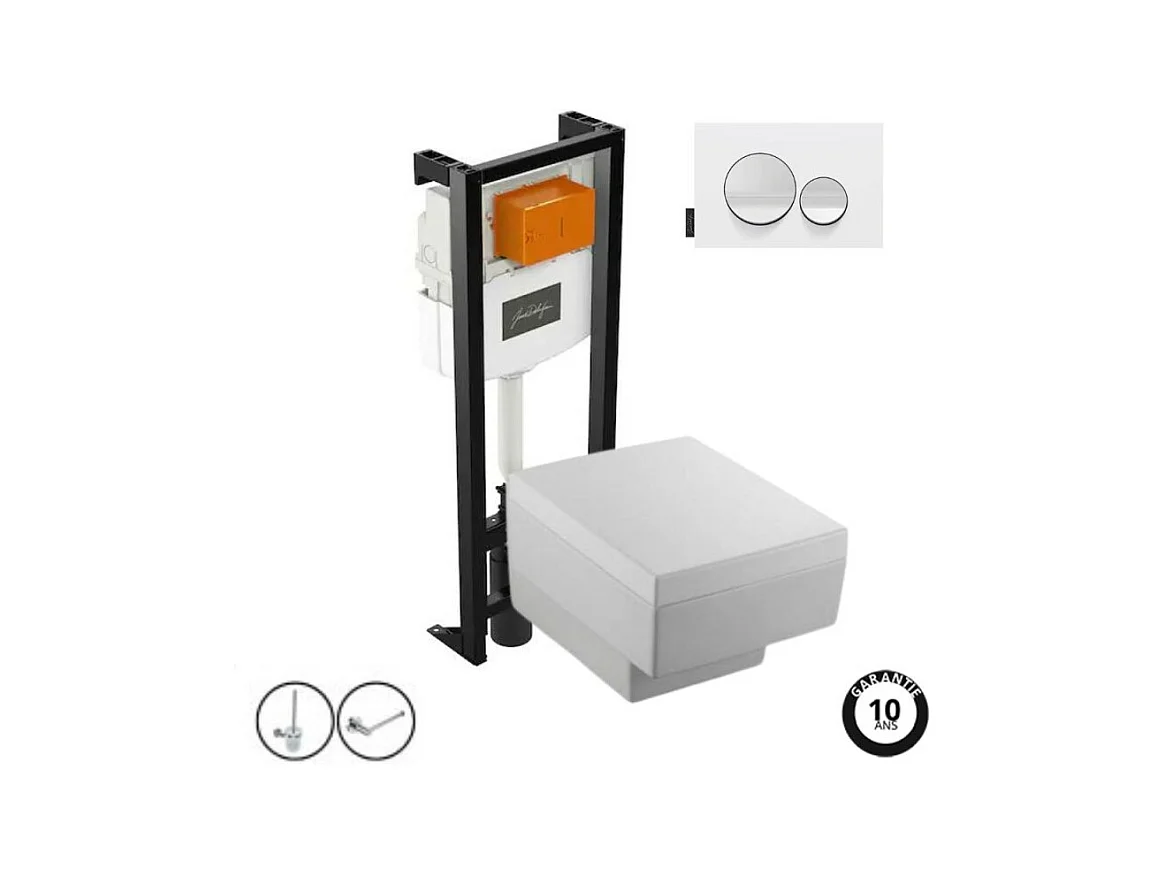 Pack WC suspendu JACOB DELAFON Terrace+ bâti-support + plaque Blanc brillant/Blanc mat + accessoires