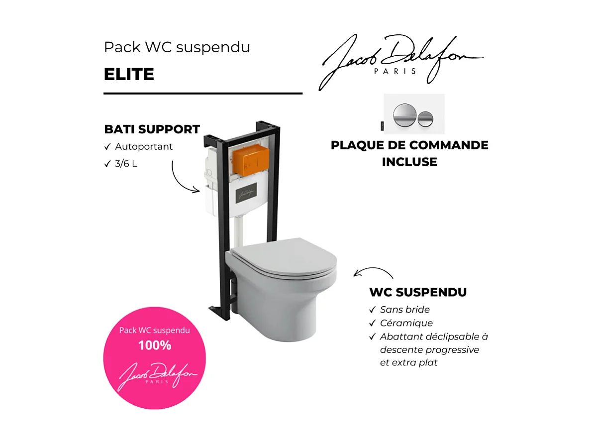 Pack WC suspendu sans bride  JACOB DELAFON Elite + bâti-support + plaque Chrome brillant/Blanc mat