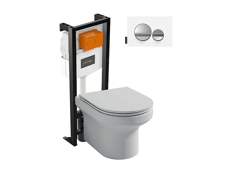 Pack WC suspendu sans bride  JACOB DELAFON Elite + bâti-support + plaque Chrome brillant/Blanc mat