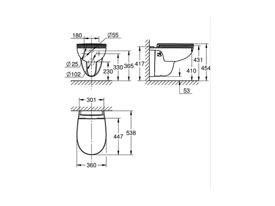 Grohe Pack WC suspendu sans bride Bau Ceramic avec abattant, bâti support WC Grohe Rapid SL Project et plaque de commande Start