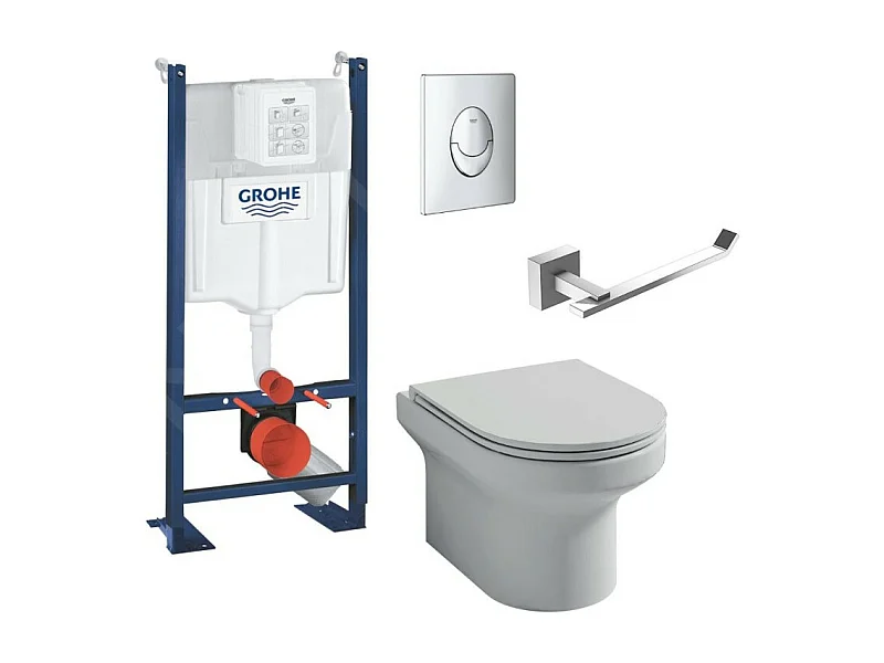 Pack WC suspendu sans bride Jacob Delafon  Elite abattant + Bâti support Grohe RapidSL + plaque chromé + Porte-rouleau chromé