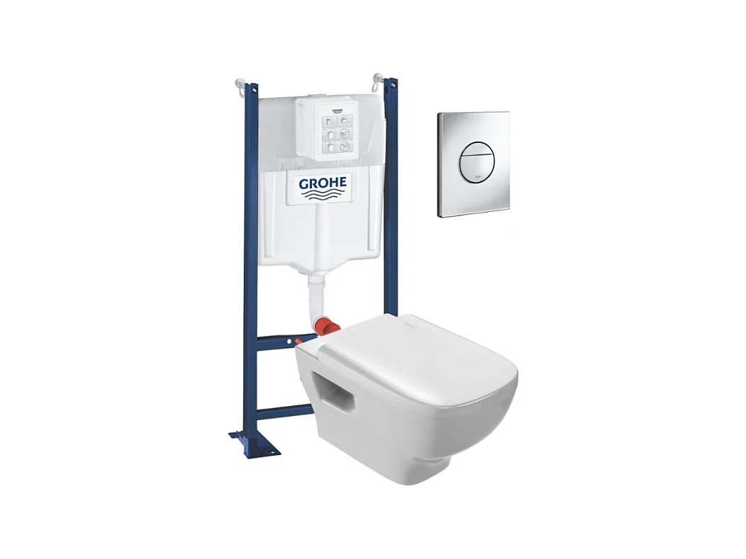 WC suspendu sans bride Jacob Delafon Struktura + abattant + Bâti support + Sail Plaque de commande WC rond chromé