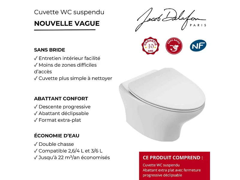 Cuvette WC suspendu sans bride JACOB DELAFON Nouvelle Vague avec abattant frein de chute extra-plat déclipsable