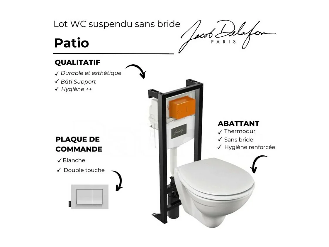 Pack WC suspendu sans bride JACOB DELAFON Patio + porte-balai + porte-rouleau Eo Moderne