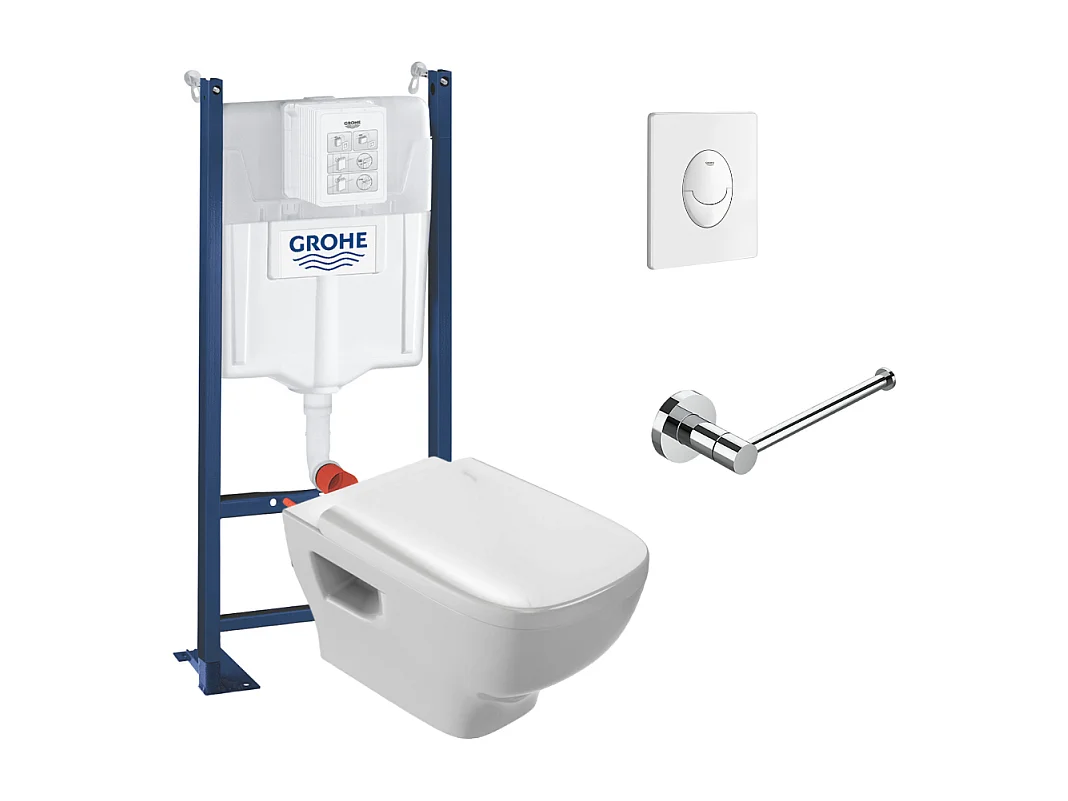 Pack WC suspendu sans bride JACOB DELAFON Struktura + Bati-support GROHE + plaque Start blanc + porte-rouleau rond