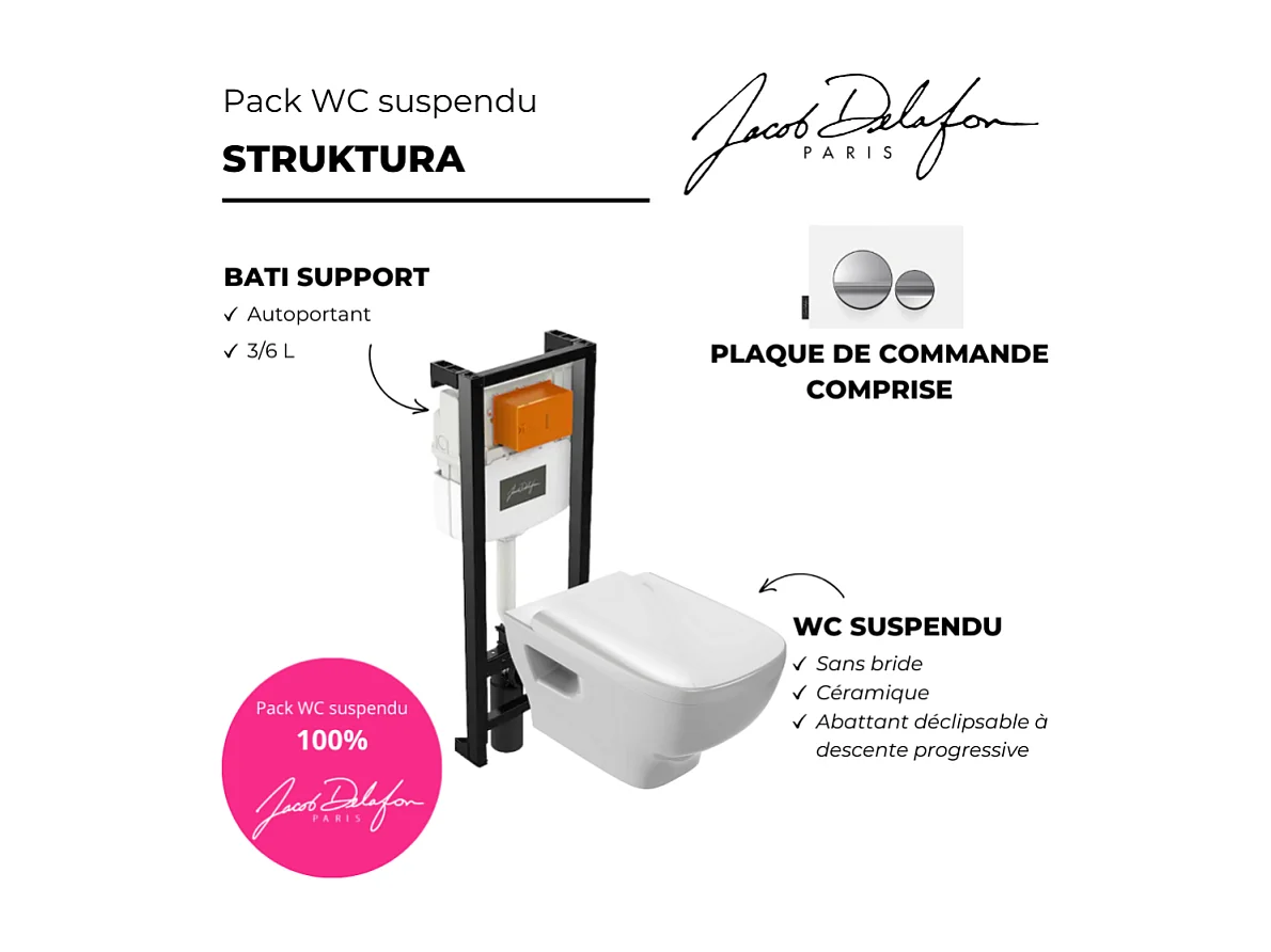 Pack WC suspendu sans bride JACOB DELAFON Struktura avec abattant + bâti support + plaque chrome brillant/blanc mat