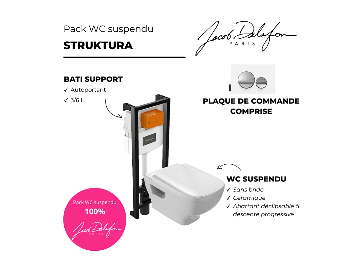 Pack WC suspendu sans bride JACOB DELAFON Struktura avec abattant + bâti support + plaque chrome brillant/blanc mat