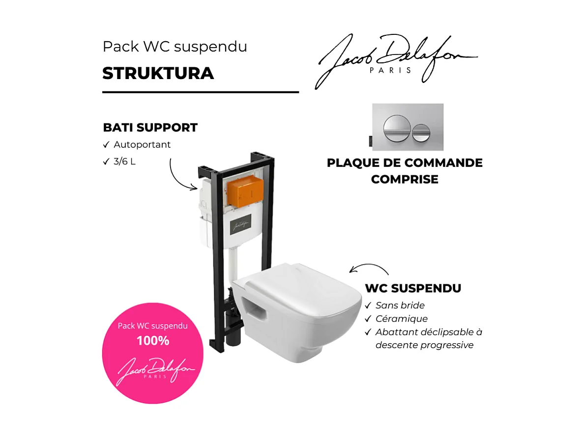 Pack WC suspendu sans bride JACOB DELAFON Struktura+ bâti-support + plaque Chrome brillant/Chrome mat