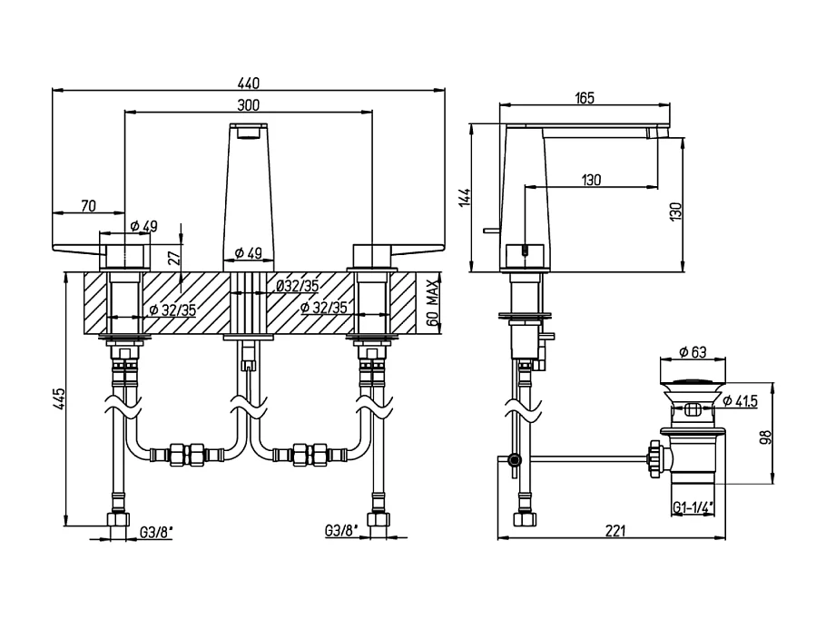 Mitigeur lavabo 3 trous VILLEROY ET BOCH Conum sans tirette Or brossé