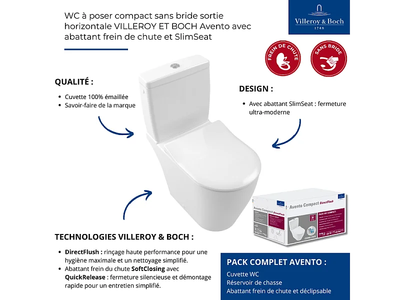 WC à poser compact sans bride sortie horizontale VILLEROY ET BOCH Avento avec abattant frein de chute et SlimSeat