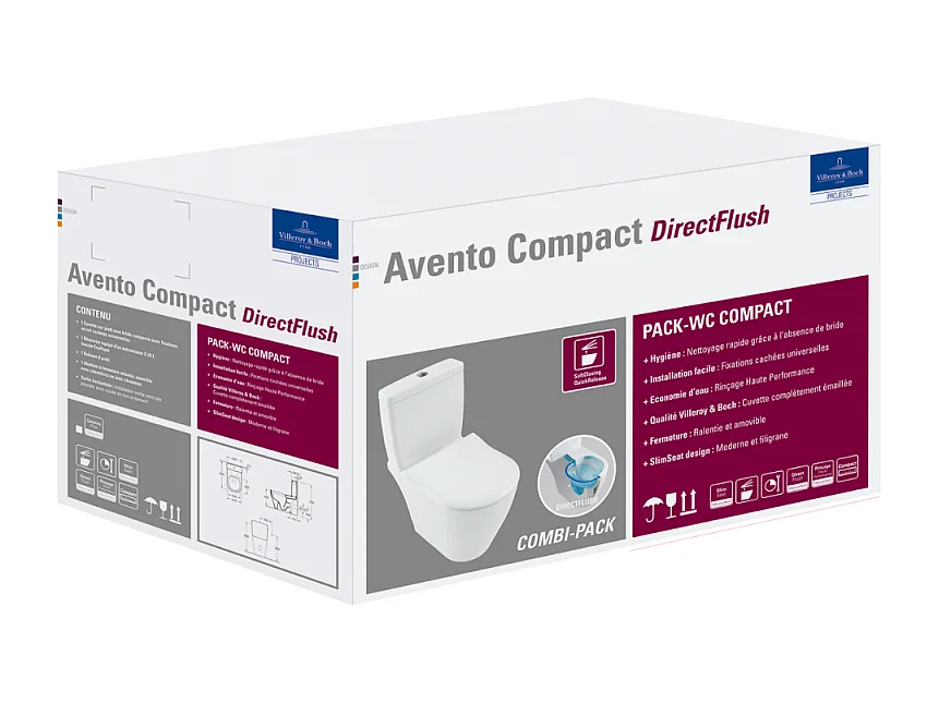 WC à poser compact sans bride sortie horizontale VILLEROY ET BOCH Avento avec abattant frein de chute et SlimSeat