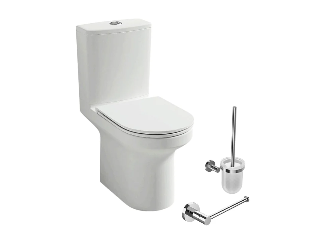 WC à poser sans bride sortie horizontale JACOB DELAFON Elite avec abattant frein de chute + Porte-balai et porte-rouleau rond chromé