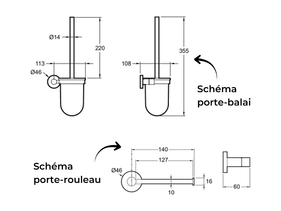 WC à poser sans bride sortie horizontale JACOB DELAFON Elite avec abattant frein de chute + Porte-balai et porte-rouleau rond chromé