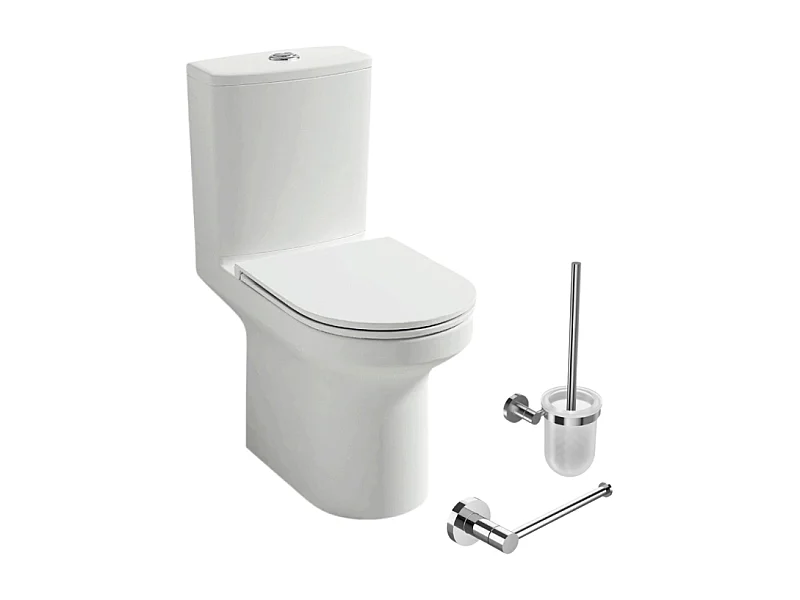 WC à poser sans bride sortie horizontale JACOB DELAFON Elite avec abattant frein de chute + Porte-balai et porte-rouleau rond chromé