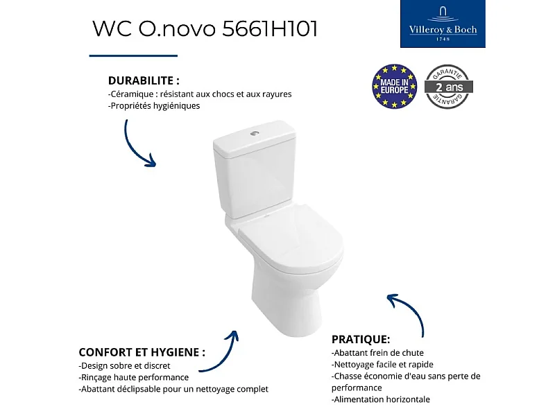 WC à poser VILLEROY ET BOCH O.novo avec abattant frein de chute déclipsable + nettoyant Briochin