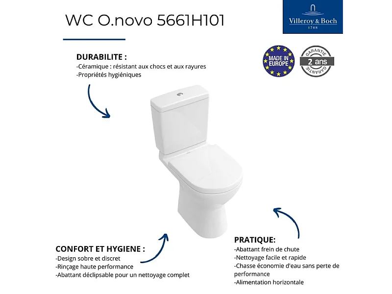 WC à poser VILLEROY ET BOCH O.novo avec abattant frein de chute déclipsable + nettoyant Briochin