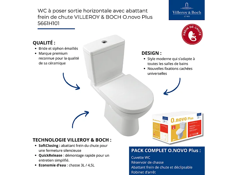 WC à poser VILLEROY ET BOCH O.novo avec abattant frein de chute déclipsable + nettoyant Briochin