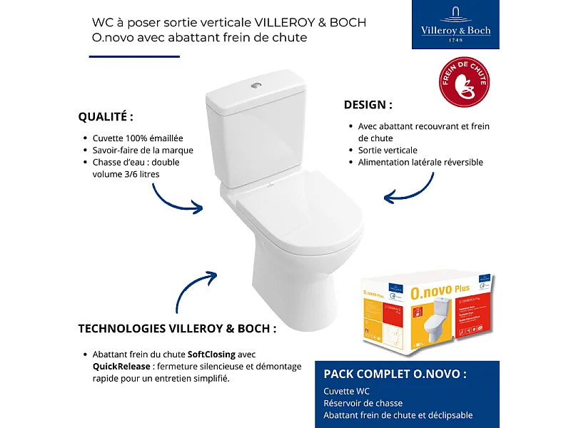 WC à poser sortie verticale VILLEROY & BOCH O.novo avec abattant frein de chute + nettoyant