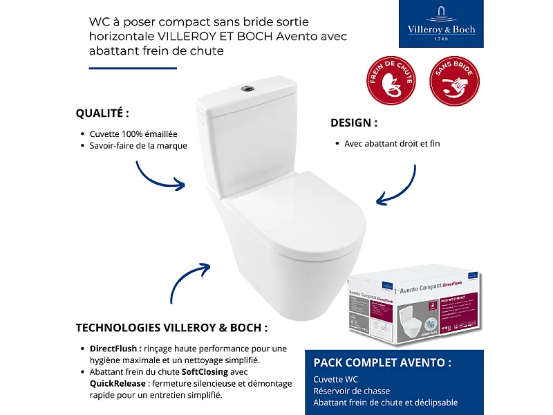 WC à poser compact sans bride sortie horizontale VILLEROY ET BOCH Avento avec abattant frein de chute