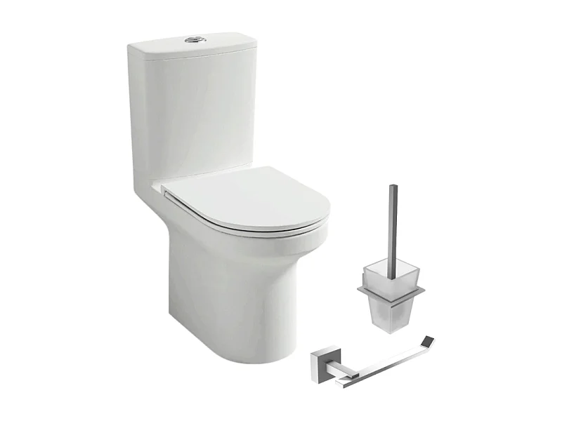 WC à poser sans bride sortie horizontale JACOB DELAFON Elite avec abattant frein de chute + Porte-balai et porte-rouleau Moderne chromé