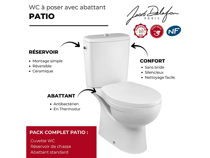 WC à poser sans bride sortie horizontale JACOB DELAFON Patio avec abattant standard