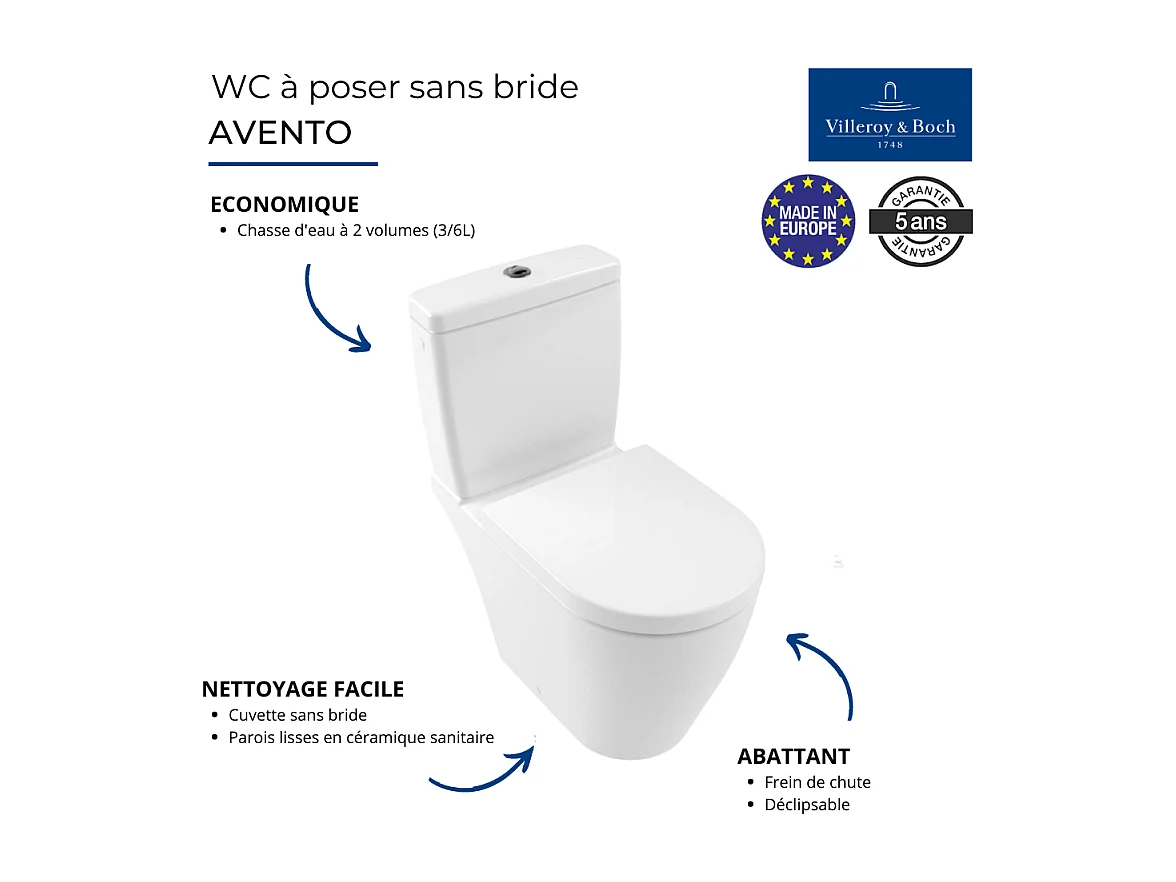WC à poser sans bride VILLEROY ET BOCH Avento avec abattant frein de chute déclipsable + nettoyant Briochin