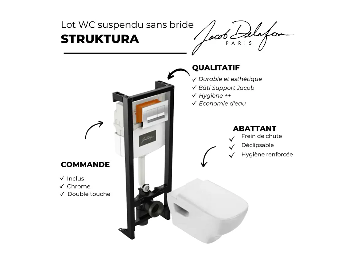 Pack WC suspendu sans bride JACOB DELAFON Struktura + abattant + plaque + bâti support