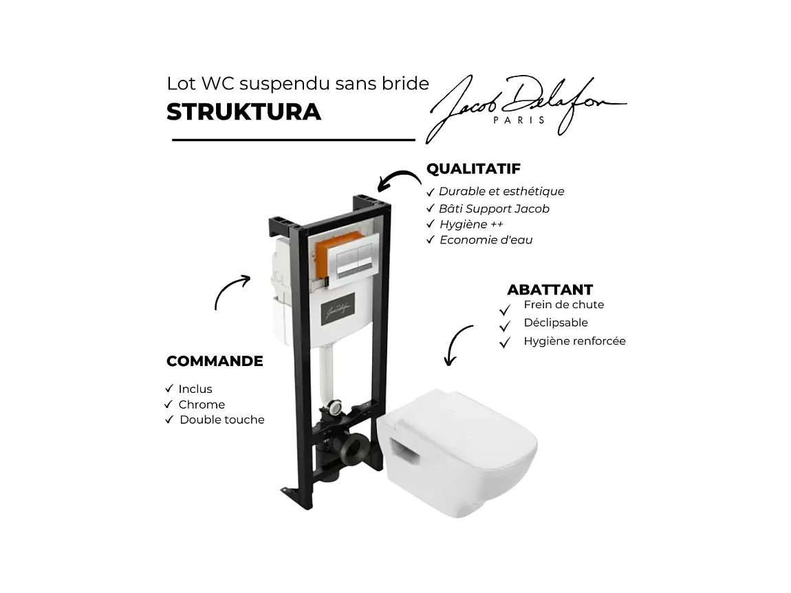 Pack WC suspendu sans bride JACOB DELAFON Struktura + abattant + plaque + bâti support