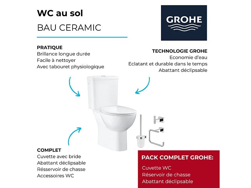 GROHE Pack WC à poser Bau Ceramic quickfix + Accessoires salle de bain Essentials Cube