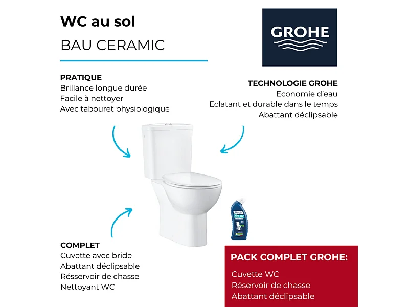 WC à poser sans bride GROHE Bau Ceramic avec abattant frein de chute declipsable + nettoyant Briochin