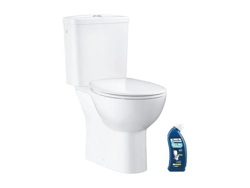WC à poser sans bride GROHE Bau Ceramic avec abattant frein de chute declipsable + nettoyant Briochin