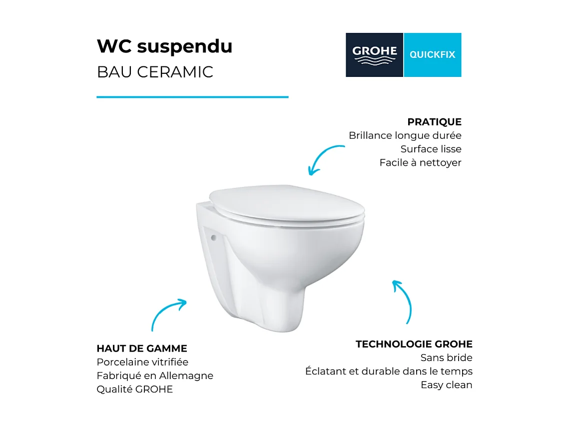 GROHE WC suspendu sans bride Bau Ceramic avec abattant