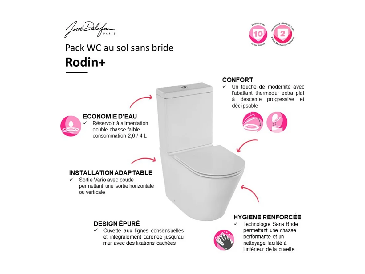 WC au sol sans bride JACOB DELAFON Rodin+ sortie vario avec abattant