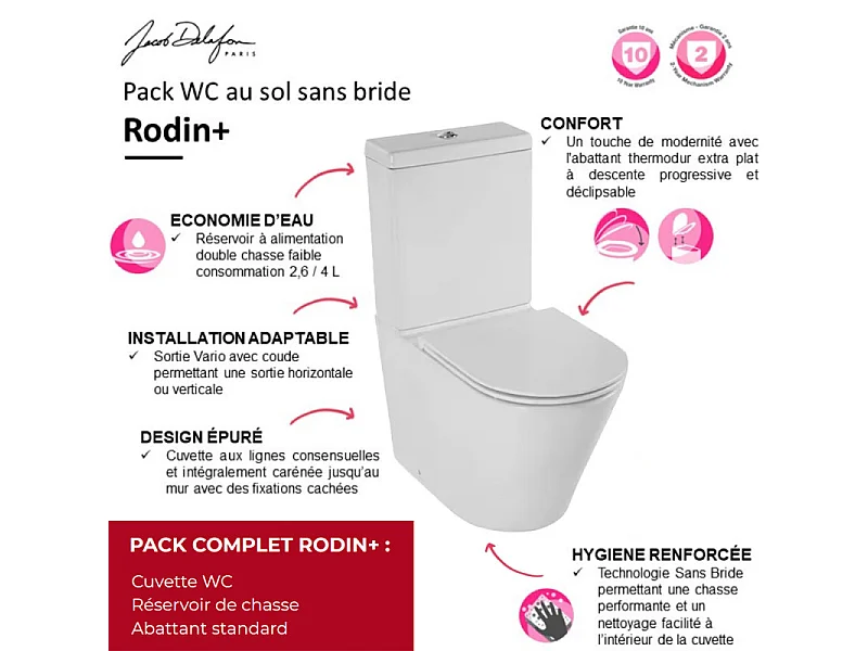 WC à poser sans bride sortie universelle JACOB DELAFON Rodin+ avec abattant frein de chute